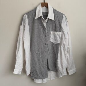 S Deer concept button up blouse long sleeve asymmetrical mixed media crinkled M